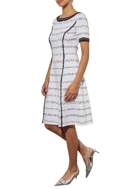 Shop Ming Wang Stripe Fringe Trim Fit & Flare Sweater Dress In White/ Black
