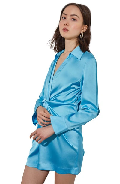 Shop Ming Wang Knot Front Long Sleeve Crêpe De Chine Shirtdress In Dew Blue