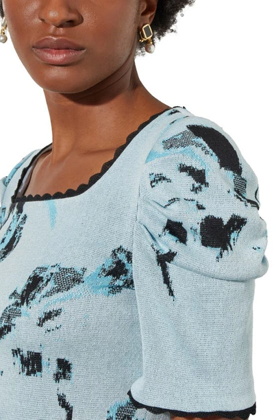 Shop Ming Wang Abstract Puff Shoulder Square Neck Sweater In Blue/ Black
