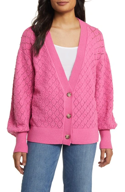 Shop Caslon Pointelle Deep V-neck Cardigan In Pink Ibis