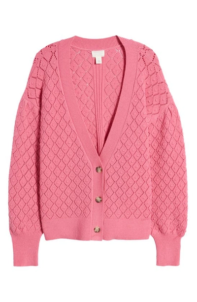 Shop Caslon Pointelle Deep V-neck Cardigan In Pink Ibis