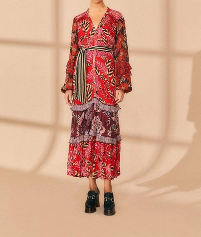 Shop Farm Rio Mixed Floral Prints Long Sleeve Maxi Dress In Red Multi
