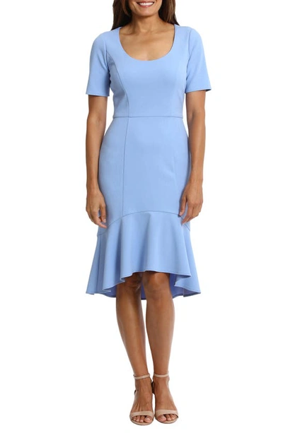 Shop London Times Short Sleeve Flounce Hem Scuba Midi Dress In Light Blue