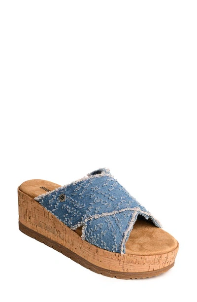 Shop Minnetonka Posey Platform Wedge Slide Sandal In Blue Distressed Denim