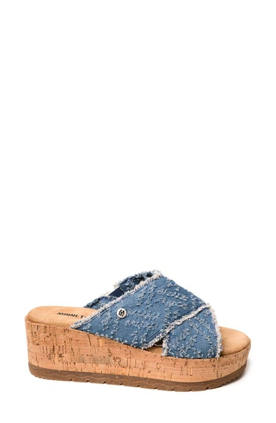 Minnetonka Posey Platform Wedge Slide Sandal In Blue Distressed Denim