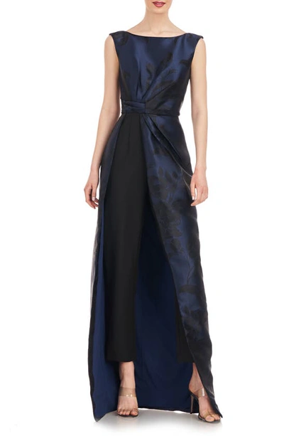 Shop Kay Unger Amal Floral Jacquard Sleeveless Maxi Jumpsuit In Night Blue