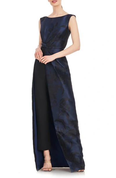 Shop Kay Unger Amal Floral Jacquard Sleeveless Maxi Jumpsuit In Night Blue