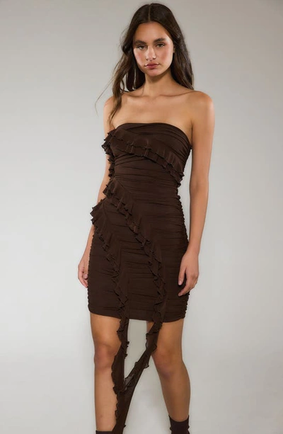 Shop Rare London Ruched Ruffle Detail Strapless Minidress In Brown