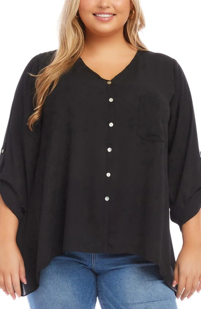 Shop Karen Kane Asymmetric Hem Button-up Top In Black