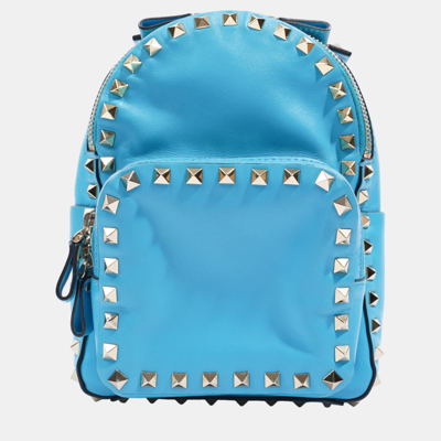 Pre-owned Valentino Garavani Rockstud Backpack Blue Leather Mini
