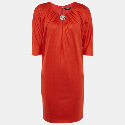 Pre-owned Roberto Cavalli Orange Wool Brooch Detailed Neck Mini Dress S