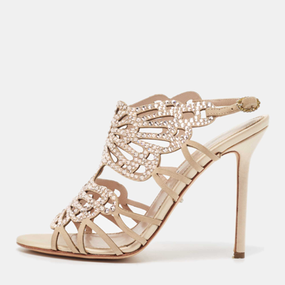 Pre-owned Sergio Rossi Beige Suede Crystal Embellished Slingback Sandals Size 39