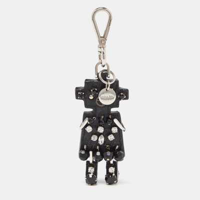 Pre-owned Prada Silver Tone Leather Robot Keychain Bag Charm In Black