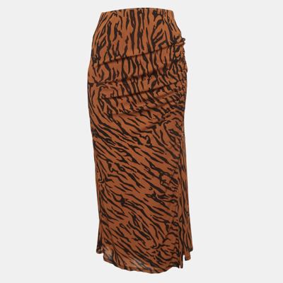 Pre-owned Diane Von Furstenberg Orange Print Stretch Knit Caspian Tigress Midi Skirt S