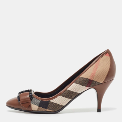 Pre-owned Burberry Brown/beige Leather And House Check Canvas Buckle Detail Pumps Size 36