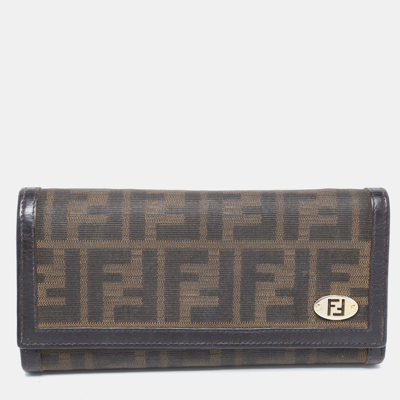 Pre-owned Fendi Dark Brown/tobacco Zucca Canvas And Leather Trifold Continental Wallet