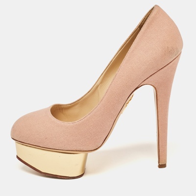 Pre-owned Charlotte Olympia Pink Canvas Dolly Platform Pumps Size 38