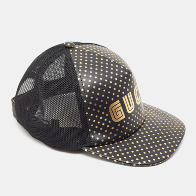 Pre-owned Gucci Black Guccy Stars Print Leather & Mesh Baseball Cap M