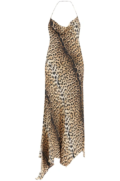 Shop Roberto Cavalli Maxi Dress With Jaguar Motif In Beige, Black
