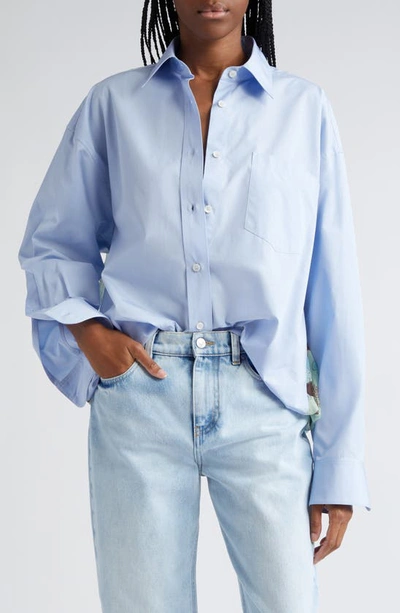 Shop Stella Mccartney Floral Print Oversize Cotton & Silk Chiffon Button-up Shirt In Sky Blue