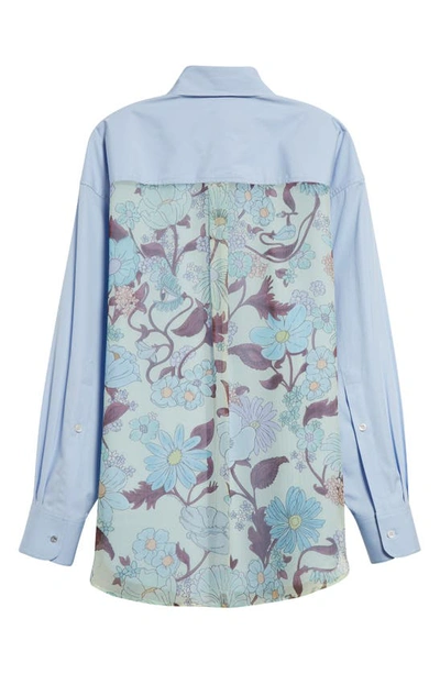 Shop Stella Mccartney Floral Print Oversize Cotton & Silk Chiffon Button-up Shirt In Sky Blue