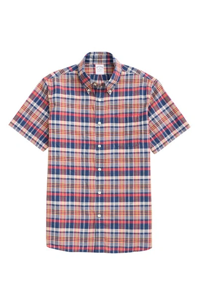 Shop Brooks Brothers Regent Fit Plaid Short Sleeve Madras Button-down Shirt In Coralmadras