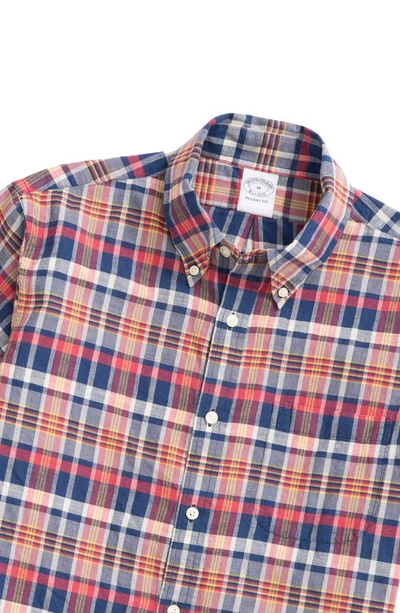 Shop Brooks Brothers Regent Fit Plaid Short Sleeve Madras Button-down Shirt In Coralmadras