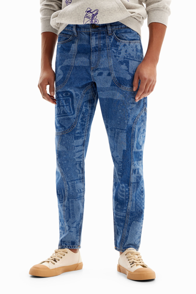 Shop Desigual Laser Print Carrot Jeans In Blue