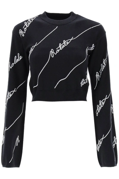 Shop Rotate Birger Christensen Sequined Logo Cropped Sweater In Black