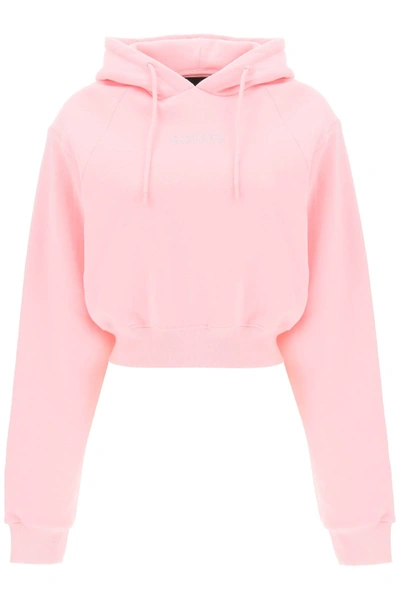 Shop Rotate Birger Christensen Cropped Hoodie With Rhinestone Studded Logo In Pink