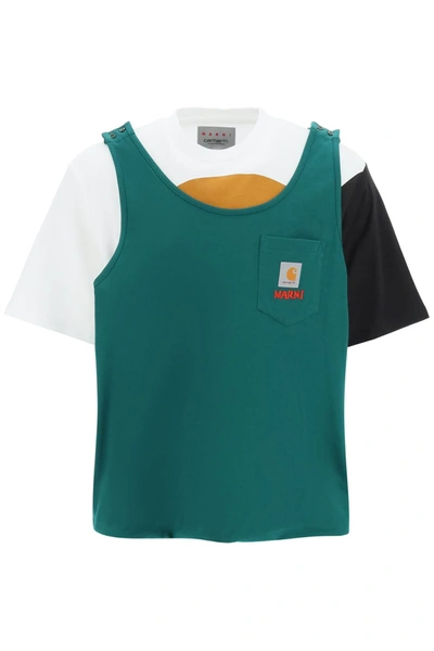 Shop Marni X Carhartt T Shirt With Sewn In Tank Top In White, Black, Green