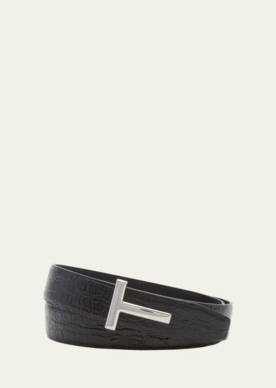 Shop Tom Ford Men's Signature T Reversible Leather Belt In 1n001 Black