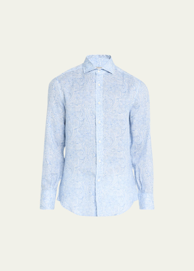 Shop Brunello Cucinelli Men's Linen Paisley-print Sport Shirt In C003 Blue