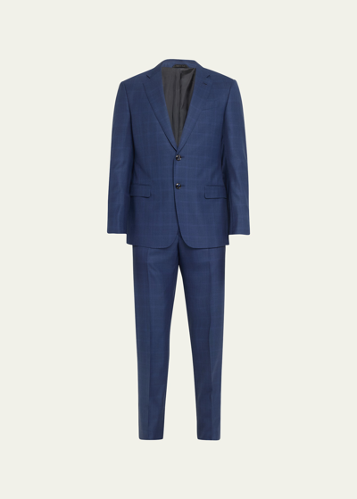 Shop Giorgio Armani Men's Wool-silk Windowpane Suit In Dark Blue
