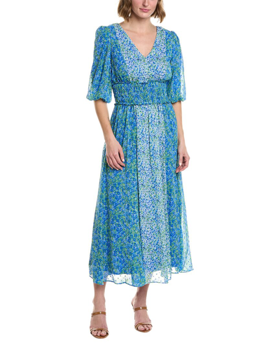 Shop Taylor Printed Chiffon Lurex Stripe Midi Dress In Blue