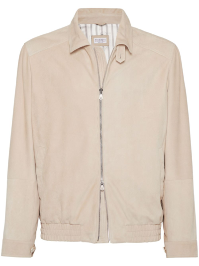 Shop Brunello Cucinelli Neutral Long-sleeve Suede Jacket - Men's - Leather In Neutrals