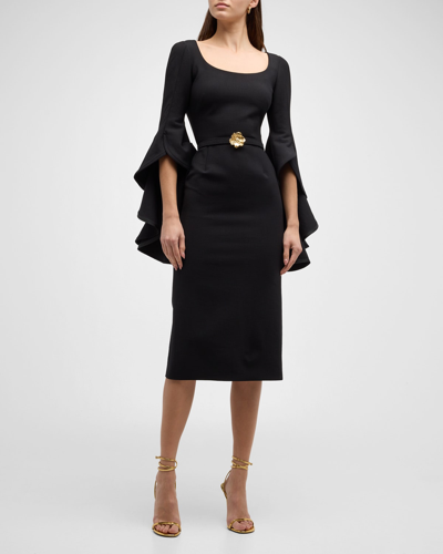 Shop Oscar De La Renta Scoop-neck Ruffle 3/4-sleeve Belted Crepe Midi Dress In Black