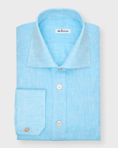 Shop Kiton Men's Solid Linen Sport Shirt In Light Blue