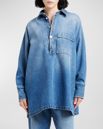 Shop Plan C Denim Button-side Long-sleeve Collared Shirt In Indigo