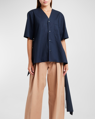 Shop Plan C Short-sleeve Asymmetric Handkerchief Shirt In Blue Black
