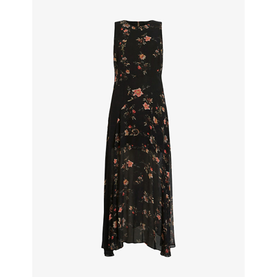 Shop Allsaints Women's Black Jules Tanana Floral-print Recycled-viscose Midi Dress