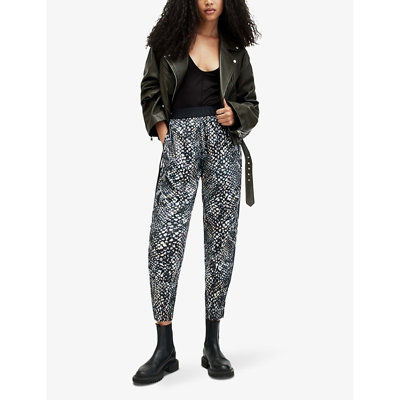 Shop Allsaints Women's Black Nala Graphic-print Tapered-leg Recycled-polyester Trousers