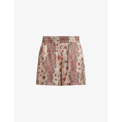 Shop Allsaints Women's Clay Pink Charli Cascade Graphic-print High-rise Silk-blend Shorts