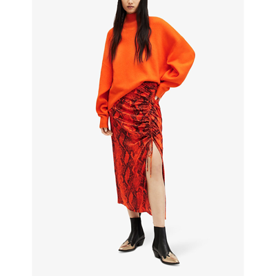 Shop Allsaints Women's Zesty Orange Carla Snake-print Gathered Silk-blend Midi Skirt