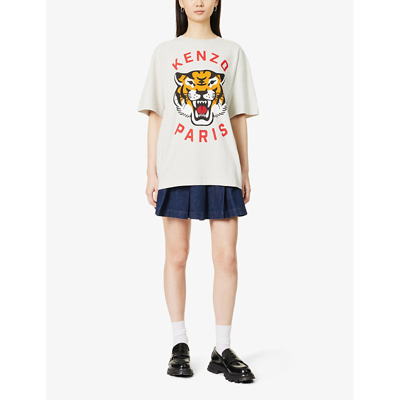 Shop Kenzo Women's Pale Grey Lucky Tiger Brand-print Cotton-jersey T-shirt