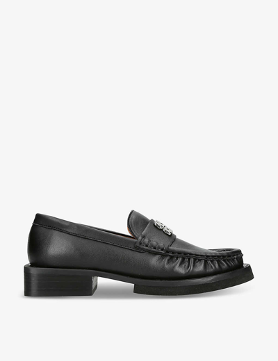 Shop Ganni Butterfly Brand-plaque Leather Loafers In Black