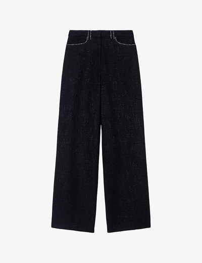 Shop Maje Women's Noir / Gris Contrast-stitch Wide-leg Mid-rise Tweed Trousers
