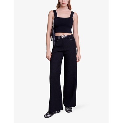 Shop Maje Women's Noir / Gris Contrast-stitch Wide-leg Mid-rise Tweed Trousers