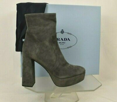 Pre-owned Prada 1tp221 Gray Suede Short Platform Ankle Classic Zip Boots 39 $975 Italy