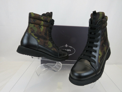 Pre-owned Prada 0t0782 Camouflage Green Leather Cap Toe Lace Up Combat Boots 36 Us 6